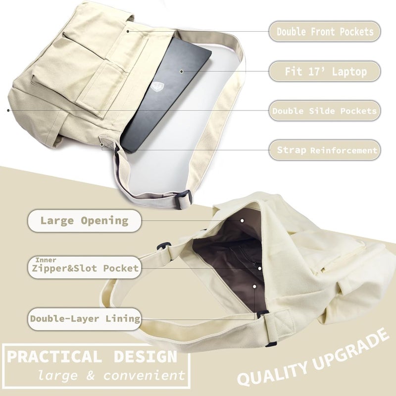 yaucher Store Canvas Messenger Bag Large Hobo Crossbody Bag with Multiple Pockets Casual Shoulder Tote Bag for Women and Men - Image 4